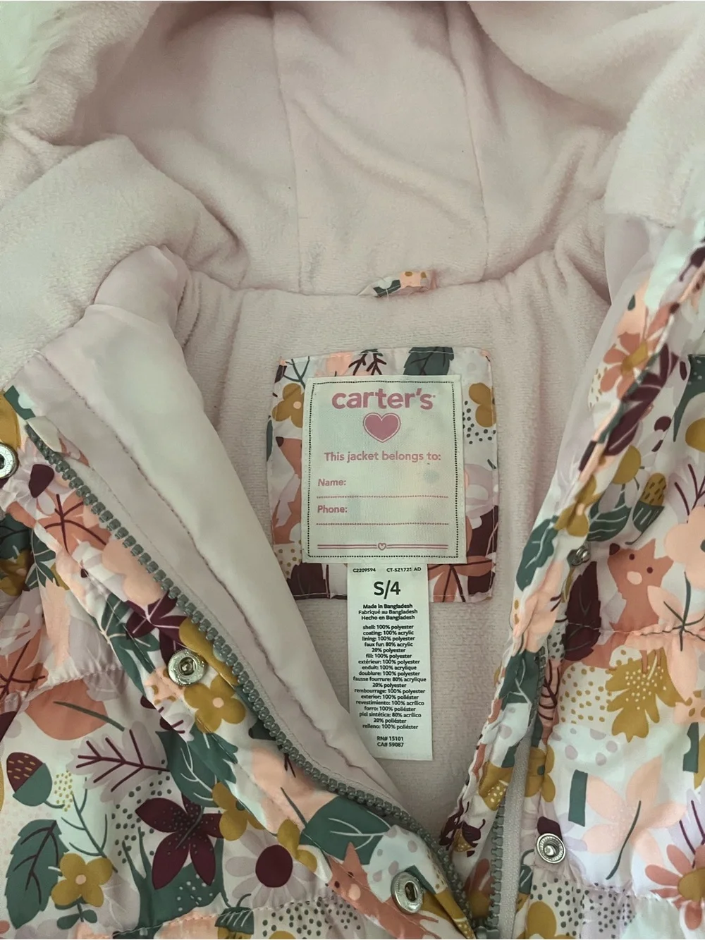 Carter's Girls Woodland Animal Floral Puffer Jacket w/ Burgundy Snow Bibs Size 4